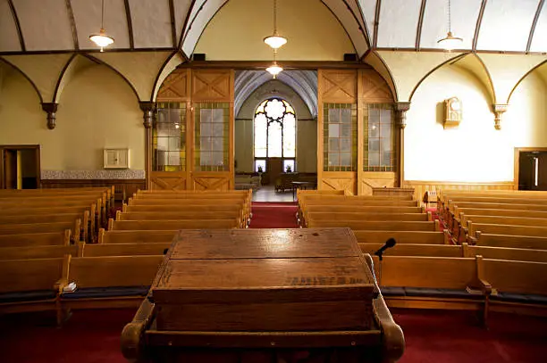 Interior of old church.  View from pulpit - focus on pedistal