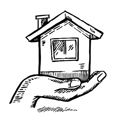 Hand-drawn vector drawing of a Hand Holding a Home Building. Black-and-White sketch on a transparent background