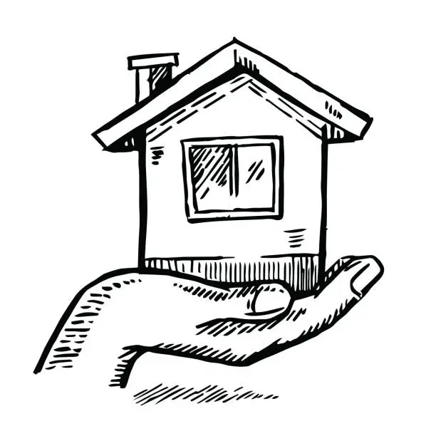 Vector illustration of Hand Holding Home Building Drawing
