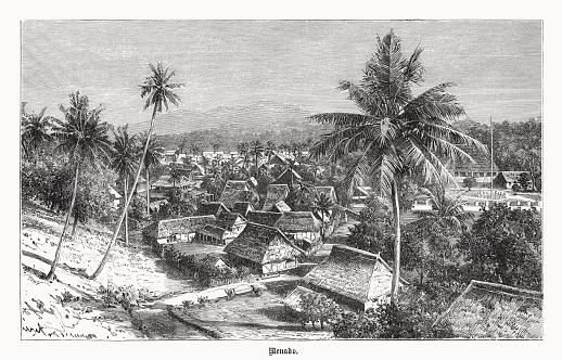Historical view of Manado - the capital city of the Indonesian province of North Sulawesi. Wood engraving, published in 1899.