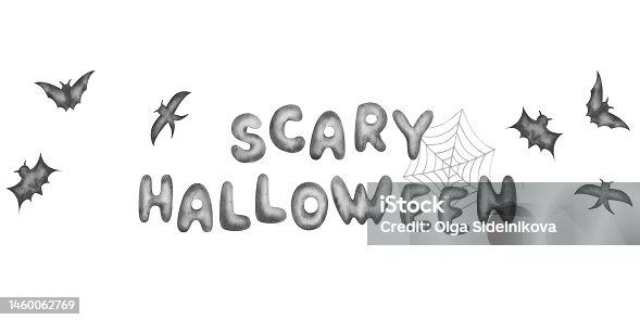 istock Watercolor illustration. Hand painted black spider's cobweb, flying bats and handwritten Scary Halloween text. Frame template 1460062769
