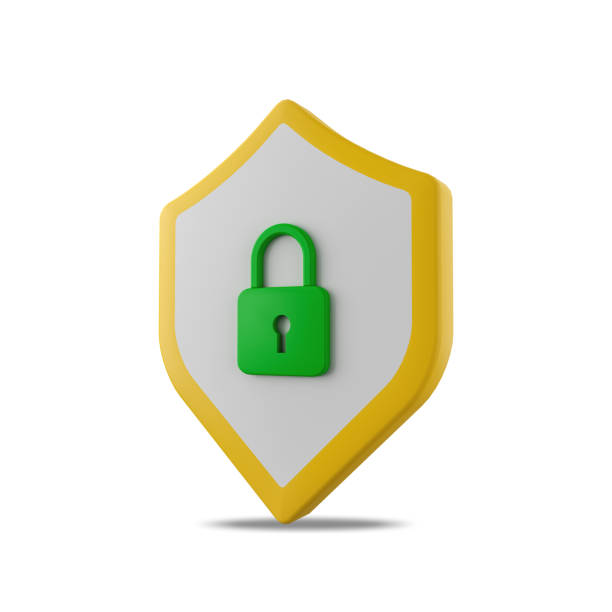 istock Shield 3d illustration with lock sign side view. Cyber security concept 3d icon with shield and closed lock on it. 3D protection icon 1460066459