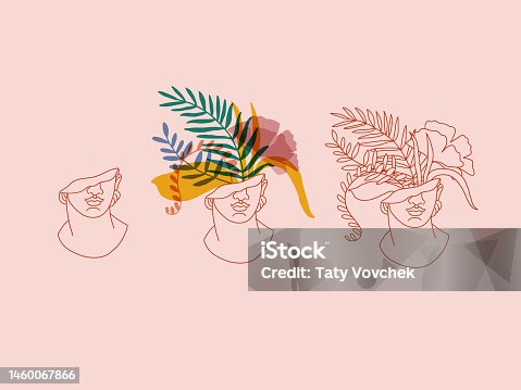 istock Classic ancient Youth statue in a trendy modern style. Colorful antique sculpture head for fashion design, posters, shopping bags, shops, books, postcards. Hand drawn vector illustration. Vector 1460067866