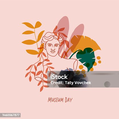 istock Statue of Renaissance woman with flowers. Minimalistic illustration. Pink background. Museum day postcard, banner. Museum illustration. Vector illustration 1460067877