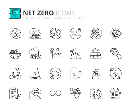 Line icons about net zero. Sustainable development. Contains such icons as green energy, CO2 neutral, save Earth, climate action. Editable stroke Vector 64x64 pixel perfect