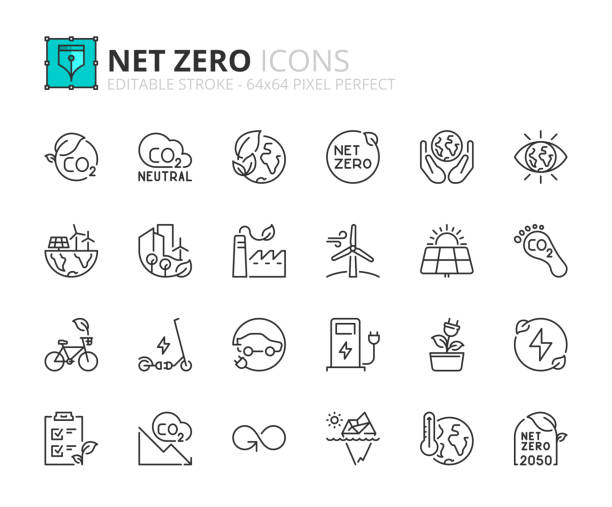 Simple set of outline icons about net zero. Sustainable development. Line icons about net zero. Sustainable development. Contains such icons as green energy, CO2 neutral, save Earth, climate action. Editable stroke Vector 64x64 pixel perfect zero waste stock illustrations