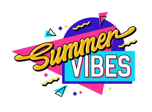 Vector illustration of Retro-inspired - Summer Vibes - 90s style bright lettering. Isolated vector phrase with geometric shapes on background. Perfect for summer-themed designs, social media, posters
