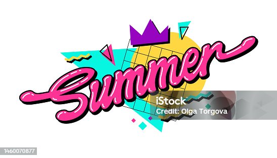 istock Playful 90s style calligraphy lettering illustration - Summer. Isolated vector typography phrase with geometric shapes on background. Colorful phrase design element. For designs, social media, posters 1460070877
