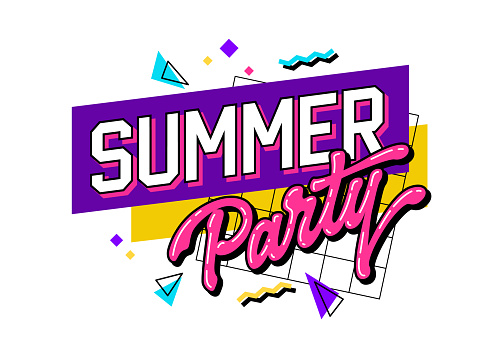 Hand drawn 90s style vivid lettering illustration - Summer party. Colorful calligraphy design element. Isolated vector typography phrase with geometric shapes on background. For web, print, fashion