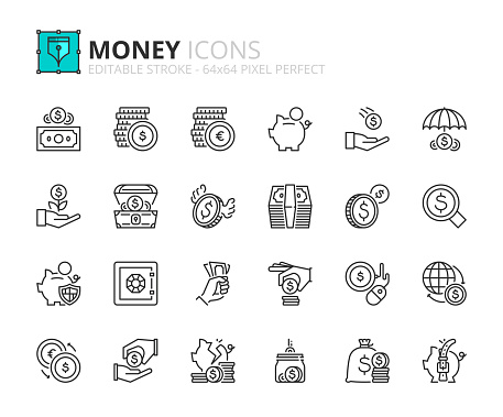 Outline icons about money. Finance concept. Editable stroke. 64x64 pixel perfect.