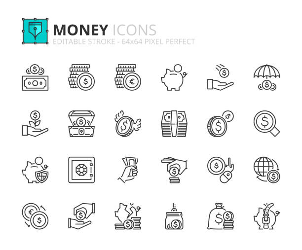 Outline icons about money Outline icons about money. Finance concept. Editable stroke. 64x64 pixel perfect. broken money box stock illustrations