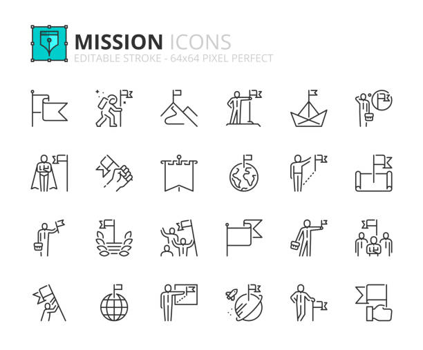 ilustraciones, imágenes clip art, dibujos animados e iconos de stock de conjunto simple de iconos de esquema sobre la misión. conceptos de negocio - initiative innovation business aspirations