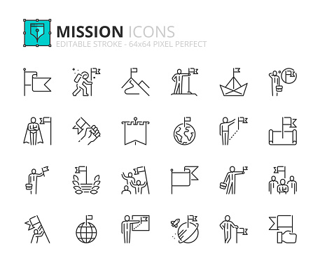 Outline icons about mission. Business concepts. Contains such icons as businessman with flag, achievement and goal. Editable stroke Vector 64x64 pixel perfect