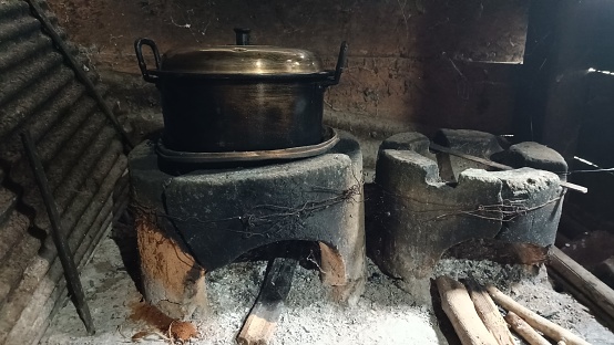 Traditional cookweare using firewood in Indonesian village.