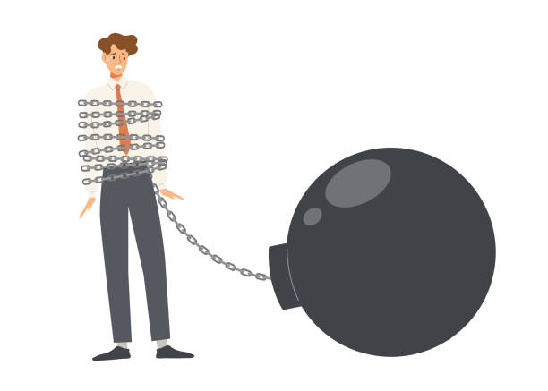 istock Young office man is chained to giant blank weight isolated on white background. 1460076872