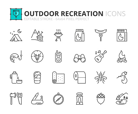 Line icons about outdoor recreation. Contains such icons as camp, forest, campfire, marshmallow, fishing and hunting. Editable stroke Vector 64x64 pixel perfect