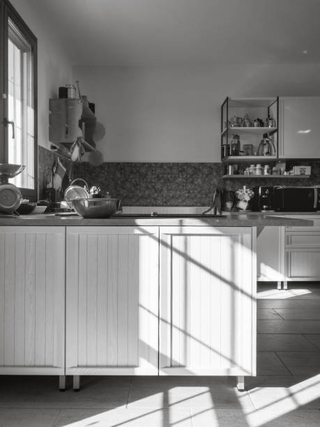 istock Wood and marble domestic kitchen, black and  white 1460082572