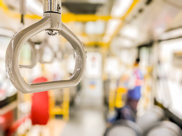 istock Isolated focus. Railway Stainless steel hand holder inside public buses 1460087471