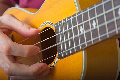 Close up fingerpicking ukulele with string motion blur