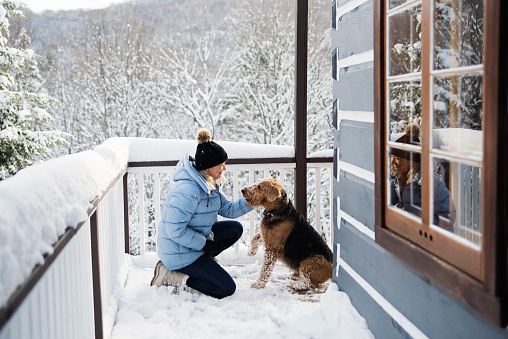 Mature woman petting dog in the winter snow on the chalet balcony. She is in her fifties, and is wearing a pale blue winter coat and a black wool hat. Dog is an Airedale. Horizontal full length outdoors shot with copy space. This was taken in the north of Quebec, Canada.
