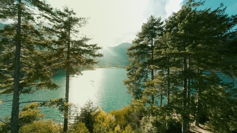 Aerial fpv footage at Lake Doksa, Doxa, Feneos, Nemea, Stimfalida, Peloponnesus, Greece at sunset