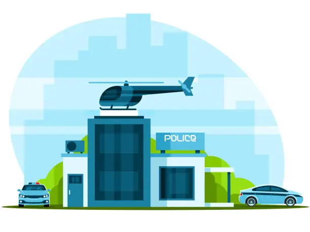 Vector illustration of Police station with helicopter