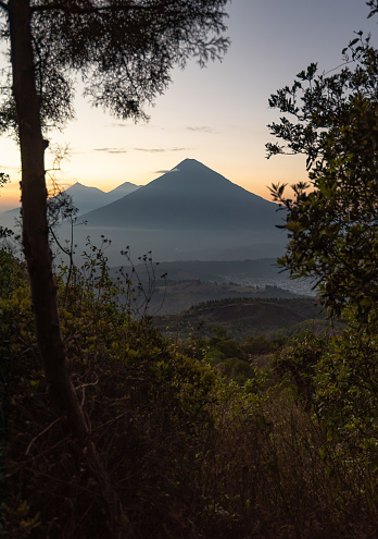 Volcan Acatenango and Volcan Fuego, Guatemala during golden hour on a warm summer day with vegetation in foreground
