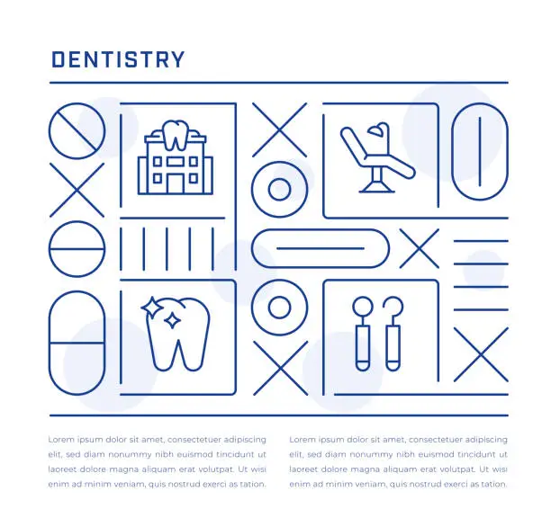 Vector illustration of Dentistry Web Banner Design with Dental Clinic, Dentist Chair, Clean Teeth, Dental Tools Line Icons
