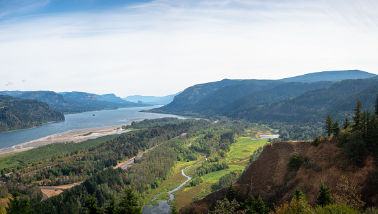 Lush green valley view from Crown Point at Columbia River Gorge in Oregon USA