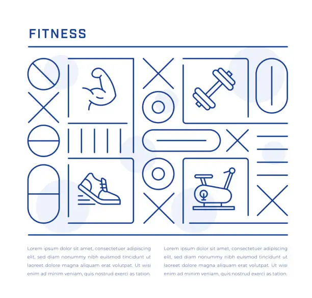 Vector illustration of Fitness Web Banner Design with Fitness, Dumbbell, Running, Exercise. Bike Line Icons