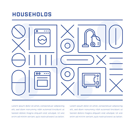 Households Web Banner Design with Washing Machine, Hoover, Oven, Microwave Line Icons