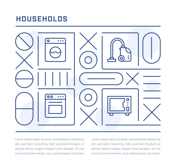Vector illustration of Households Web Banner Design with Washing Machine, Hoover, Oven, Microwave Line Icons