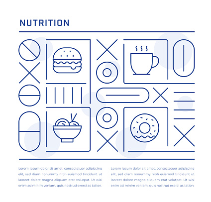 Nutrition Web Banner Design with Hamburger, Coffee, Spaghetti, Donut Line Icons