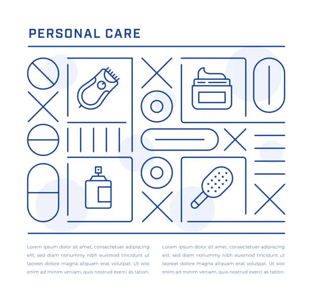 Vector illustration of Personal Care Web Banner Design with Shaving Machine, Cream, Aerosol, Hair Brush Line Icons