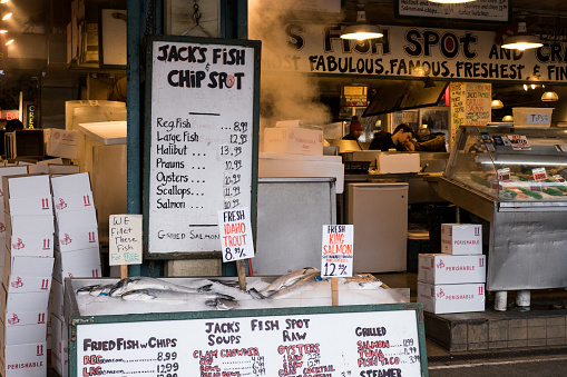 Seattle, USA - Dec 5th 2022: Pike Place Public Market late in the day.