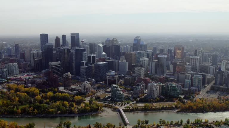 Aerial view of the Calgary city, autumn in Alberta, Canada - tracking, drone shot