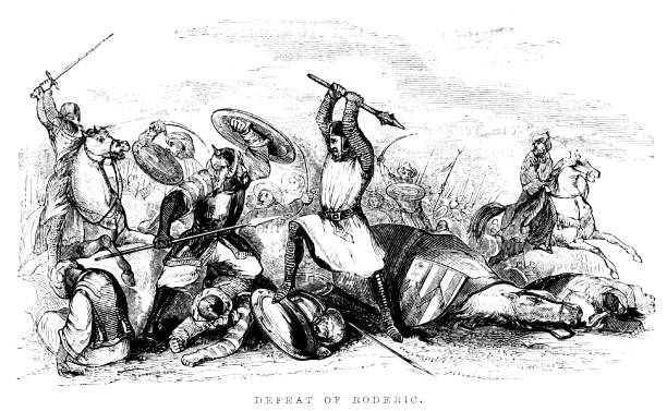 Battle of Guadalete, Spain, 711 AD, Medieval History The Christian Visigoths under their king, Roderic, were defeated by the Muslims Berbers and Arabs under the commander Ṭāriq ibn Ziyad. Roderic was killed in the Battle of Guadalete, Spain, in 711 AD. Woodcut engraving published 1846. Original edition is from my own archives. Copyright has expired and is in Public Domain. arab man riding horse stock illustrations