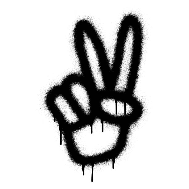 handgeste v-zeichen für friedenssymbol mit schwarzer sprühfarbe. - peace sign stock-grafiken, -clipart, -cartoons und -symbole