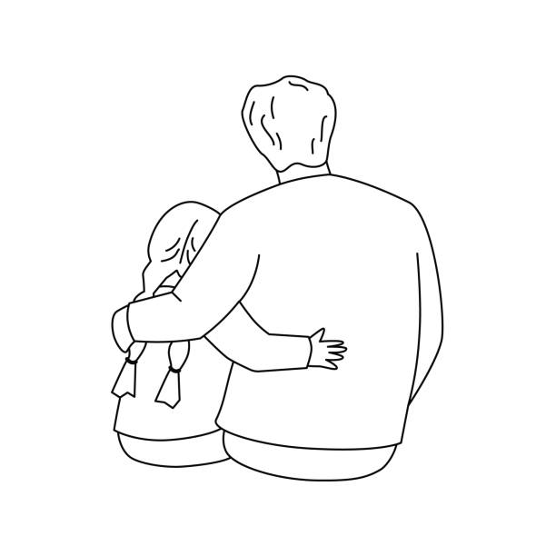 Father is hugging a daughter. Father is hugging a daughter. Back view. Vector isolated color illustration in outline style. father daughter stock illustrations