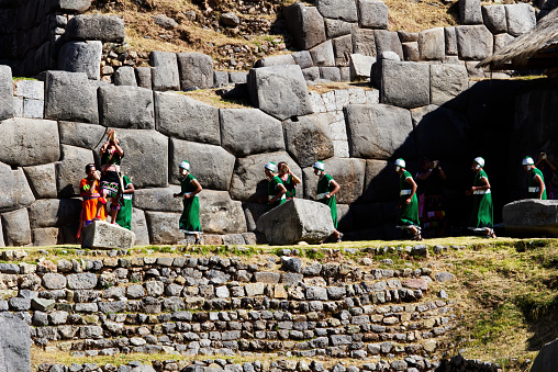 Conch Shells Being Blown As Procession Of Soldiers Enter Inti Raymi Celebration Cusco Peru