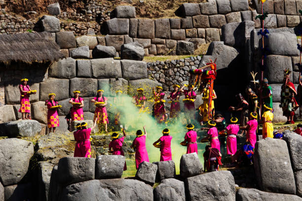 Inti Raymi Cusco Peru Celebration Women Throwing Flower Petals Women Throwing Flower Petals As King's Procession Enters Inti Raymi Celebration Cusco Peru inti raymi stock pictures, royalty-free photos & images
