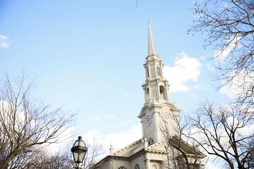 The landmark Trinity Church in Lower Manhattan New York City USA at twilight blue hour
