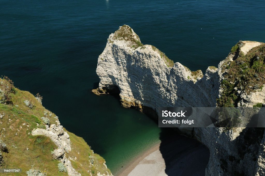 Aerial View To The White Cliffs Of Falaise d'Amont In Etretat In Normandy France Aerial View To The White Cliffs Of Falaise d'Amont In Etretat In Normandy France On A Beautiful Sunny Summer Day Cliff Stock Photo