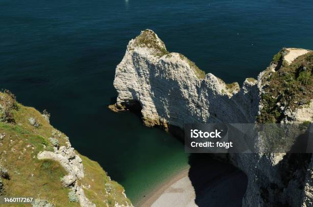 Aerial View To The White Cliffs Of Falaise Damont In Etretat In Normandy France Stock Photo - Download Image Now