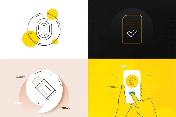Vector illustration of Minimal set of Checked file, Fingerprint and Working hours line icons. For web development. Vector