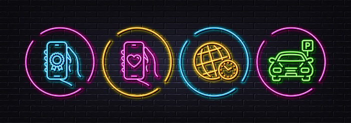 Award app, Dating app and Time zone minimal line icons. Neon laser 3d lights. Parking icons. For web, application, printing. Smartphone certification, Smartphone love, World clock. Car park. Vector