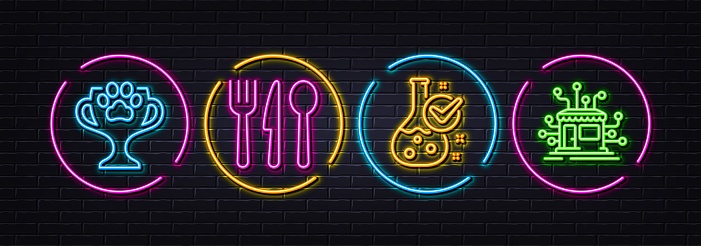 Winner cup, Chemistry lab and Food minimal line icons. Neon laser 3d lights. Distribution icons. For web, application, printing. Dog competition, Laboratory flask, Cutlery. Warehouse network. Vector