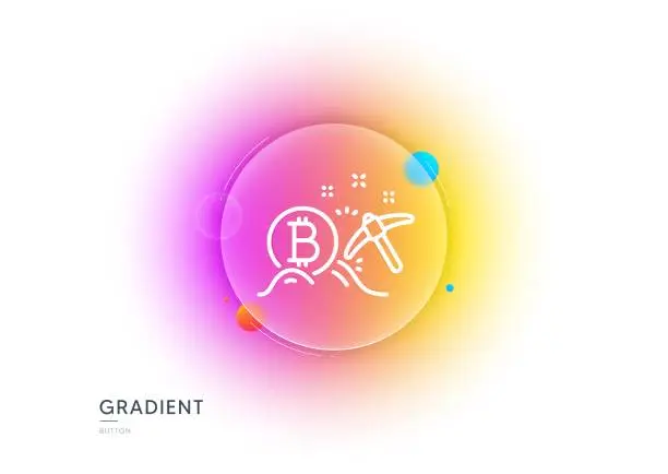 Vector illustration of Bitcoin mining line icon. Cryptocurrency coin sign. Gradient blur button. Vector