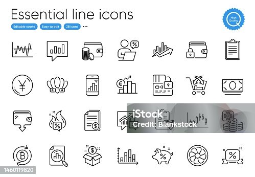 istock Discounts ribbon, Accounting and Stock analysis line icons. For website, printing and application. Vector 1460119820
