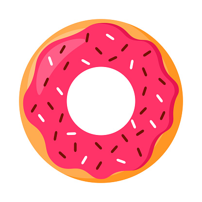 Cute Donut with Pink Glaze and Choco Sprinkles Vector Illustration Food Bakery Doodle Isolated on White Background
